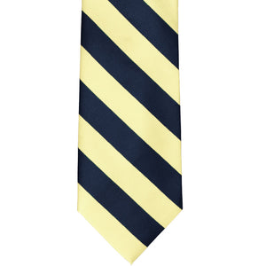 Front flat view of a navy blue and yellow striped tie