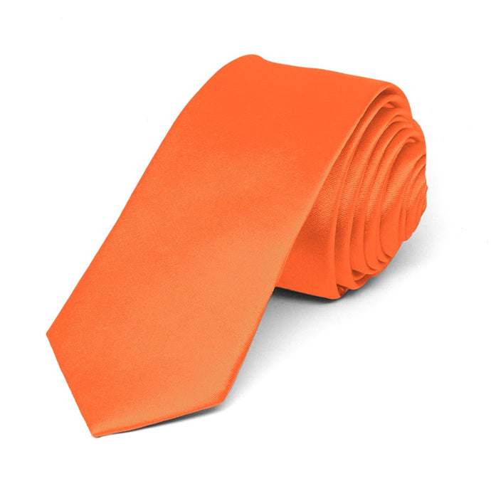 Neon Orange Skinny Solid Color Necktie, 2