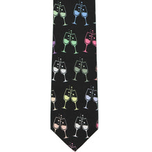Load image into Gallery viewer, The front of a slim black tie with a multicolor champagne flute design