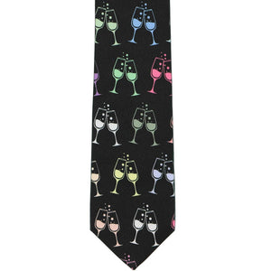 The front of a slim black tie with a multicolor champagne flute design
