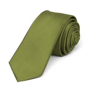 Olive Green Skinny Solid Color Necktie, 2" Width
