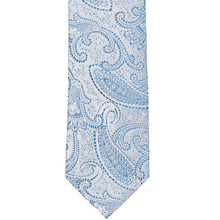 Load image into Gallery viewer, Flat front view of a pastel blue paisley necktie