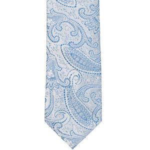 Flat front view of a pastel blue paisley necktie