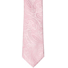 Load image into Gallery viewer, Front tip view of a pale pink paisley tie
