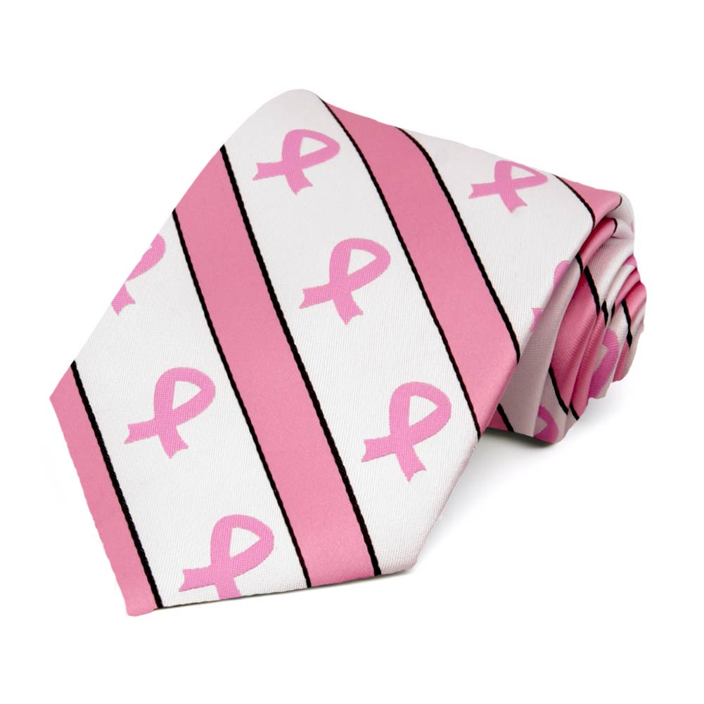 Breast Cancer Awareness Tie - Pink Ribbon & Stripes On White, 3.25 Inch Width, 57 Inch Length, 100% Polyester - View #6