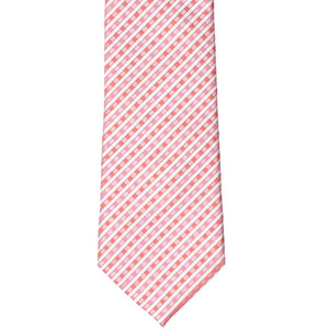 The front view of a pink, coral and white gingham plaid tie