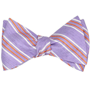 A purple and orange striped self-tie bow tie, tied