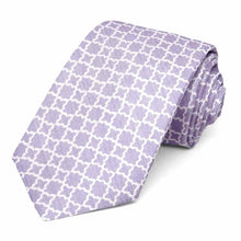 Load image into Gallery viewer, Light purple tie with white trellis pattern, rolled to show texture