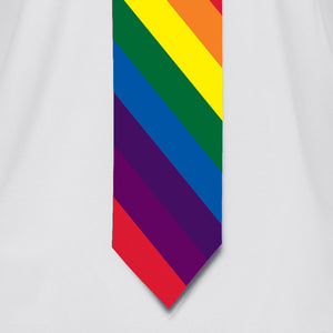 Closeup of rainbow tie printed on white t-shirt