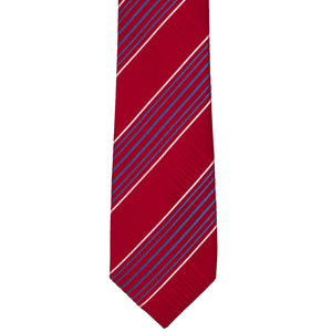 The front of a red and blue plaid tie