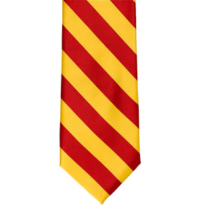 Front view of a red and golden yellow striped tie