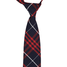 Load image into Gallery viewer, Top knot and front of a red and navy blue plaid pre-tied breakaway tie