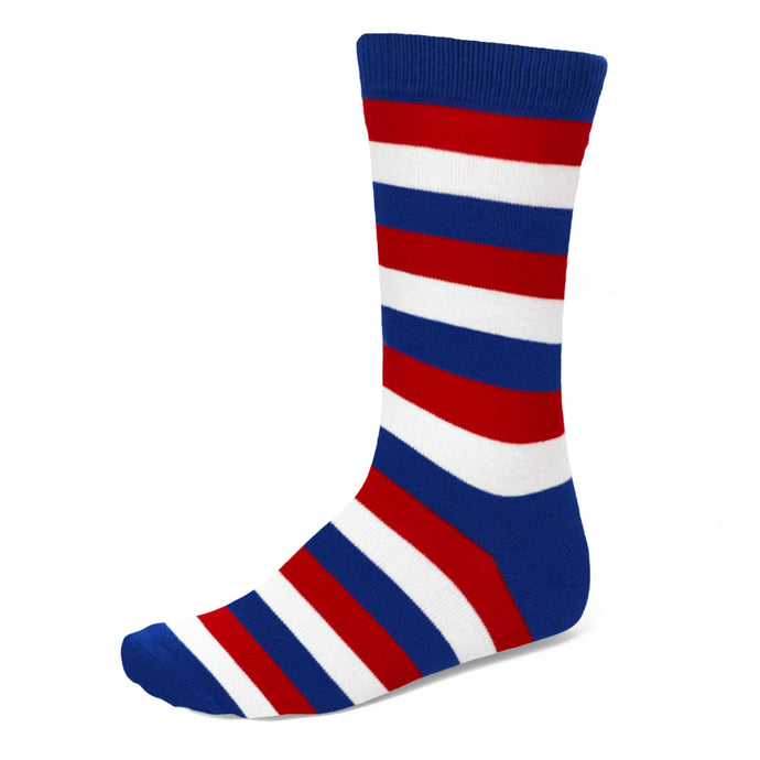 A crew sock in a red, white and blue striped pattern