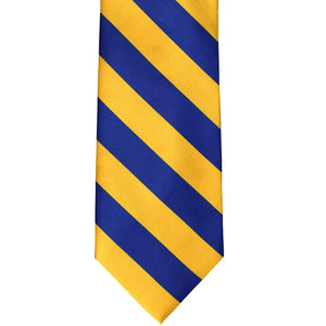 Front, flat view of a royal blue and golden yellow striped tie