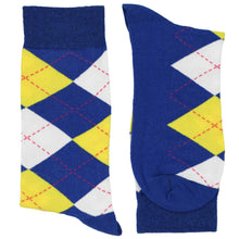 Load image into Gallery viewer, Pair of men&#39;s royal blue and yellow argyle dress socks