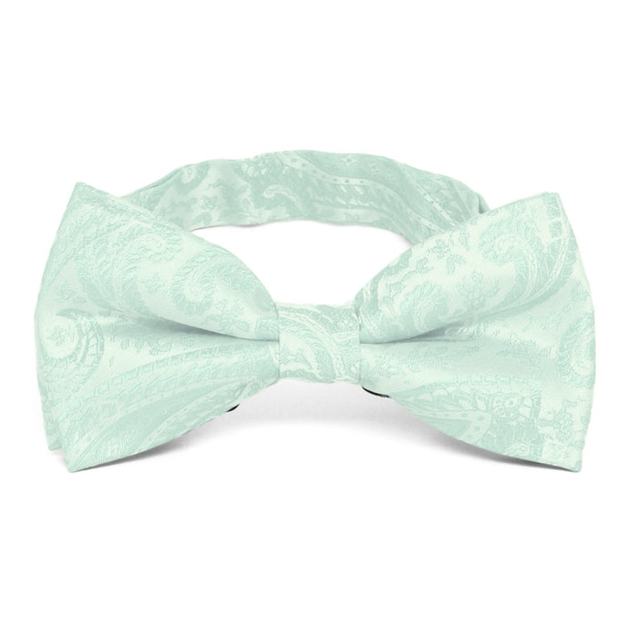 Seafoam paisley bow tie, close up front view