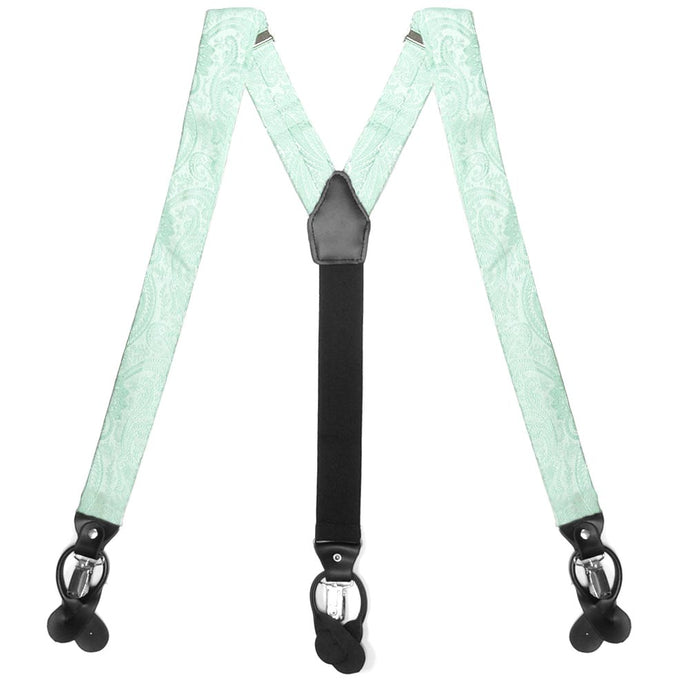 Seafoam paisley suspenders, front view to show clips and straps