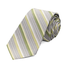 Load image into Gallery viewer, A textured striped rolled necktie in shades of silver and light, earth greens