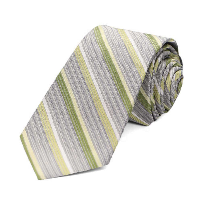 A textured striped rolled necktie in shades of silver and light, earth greens