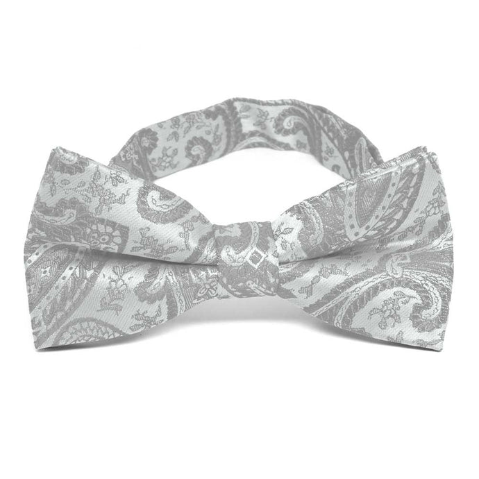 Silver paisley bow tie, close up front view