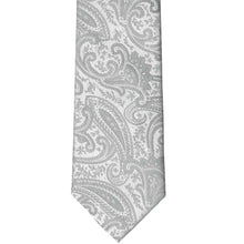 Load image into Gallery viewer, Flat front view of a silver paisley necktie