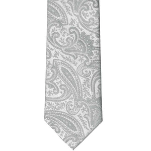 Flat front view of a silver paisley necktie