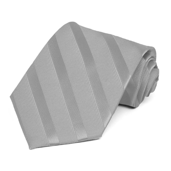 A silver extra long tie with ribbed and satin stripes