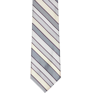 Front tip of a silver striped slim tie