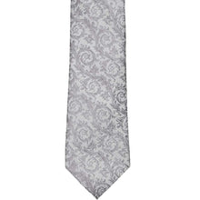 Load image into Gallery viewer, The front of a silver tie with a tone on tone floral pattern