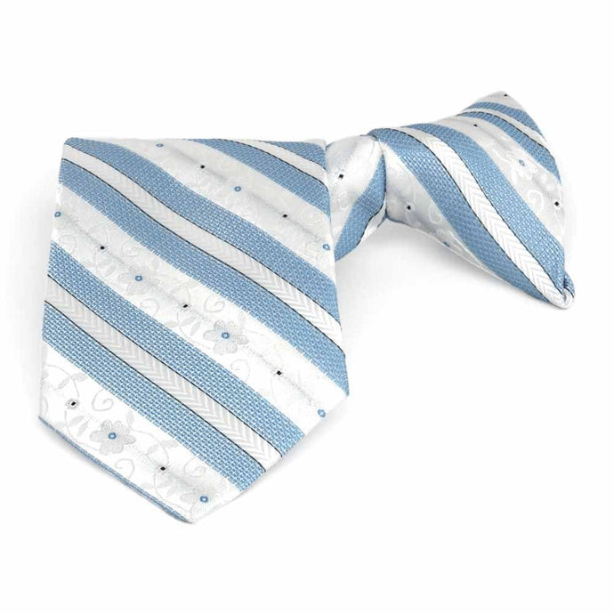 Front folded view of a blue and white floral stripe boys' clip-on style tie
