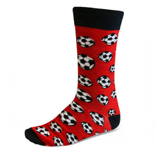 Load image into Gallery viewer, Men&#39;s soccer theme socks on red and black background