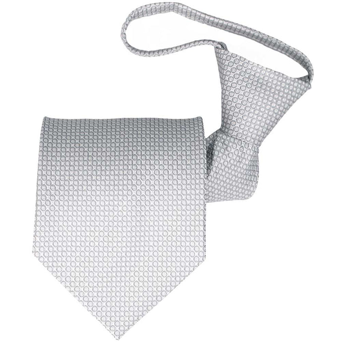 Light gray circle pattern zipper style tie, folded front view
