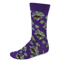 Load image into Gallery viewer, Men&#39;s spooky spider theme socks on dark purple background