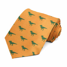 Load image into Gallery viewer, Dinosaur themed t-rex novelty tie in light orange and green