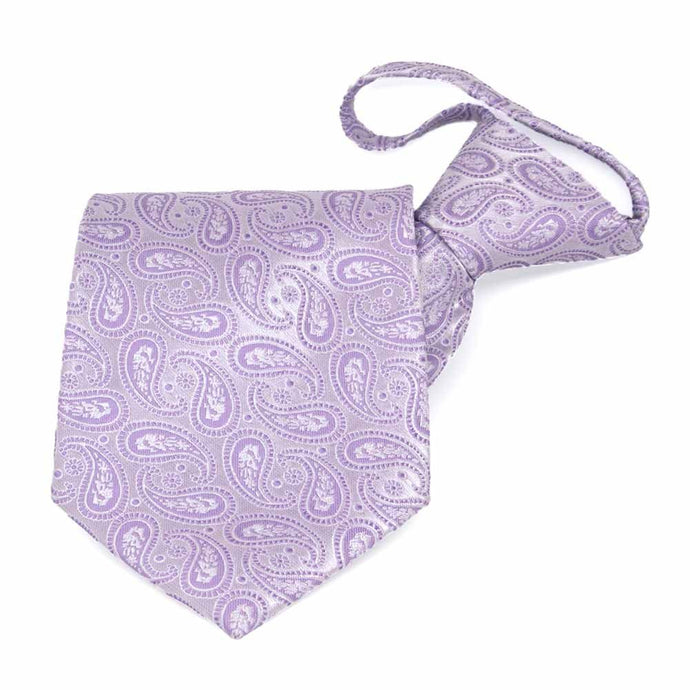 Folded front view of a light purple paisley zipper tie