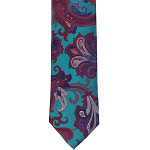 Front bottom view of a turquoise and jewel-toned paisley necktie