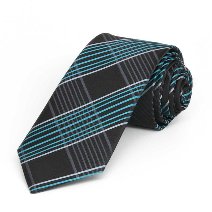 Rolled view of a slim turquoise and black plaid necktie