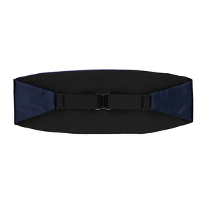 The back of a twilight blue cummerbund, including the black elastic strap