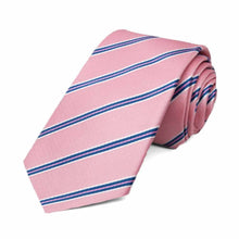 Load image into Gallery viewer, Pink, blue and white pencil striped slim necktie, rolled view