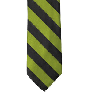 The front of a wasabi and black striped tie, laid out flat