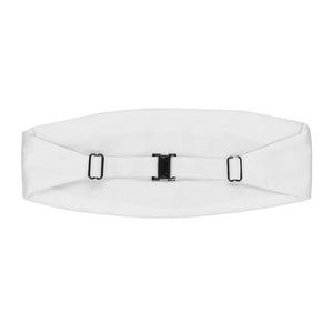 The back view of a white cummerbund, including the adjustable buckle