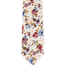 Load image into Gallery viewer, The front of a mauve, blue and tan floral tie, laid out flat