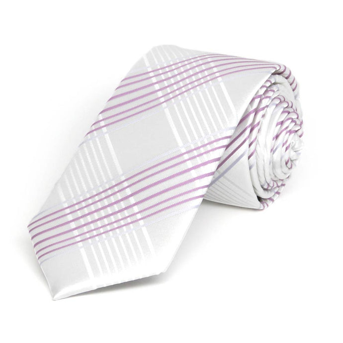 Rolled view of a slim white and light purple plaid necktie