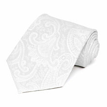 Load image into Gallery viewer, White paisley extra long necktie, rolled view
