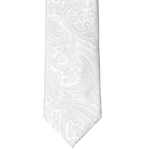 Flat front view of a white paisley necktie