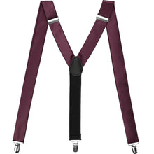 Load image into Gallery viewer, Wine colored fabric suspenders, displayed in an M to show off the clips and Y-back design