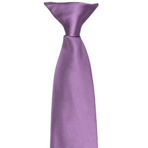 The pre-tied knot on a wisteria purple clip-on tie