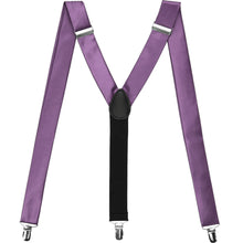 Load image into Gallery viewer, Wisteria purple suspenders, displayed in an M shape to show off the clips and Y-design style