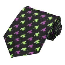 Load image into Gallery viewer, Green and lime witch silhouettes on a black novelty tie