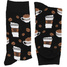 Load image into Gallery viewer, A folded pair of black women&#39;s socks with coffee cups and beans